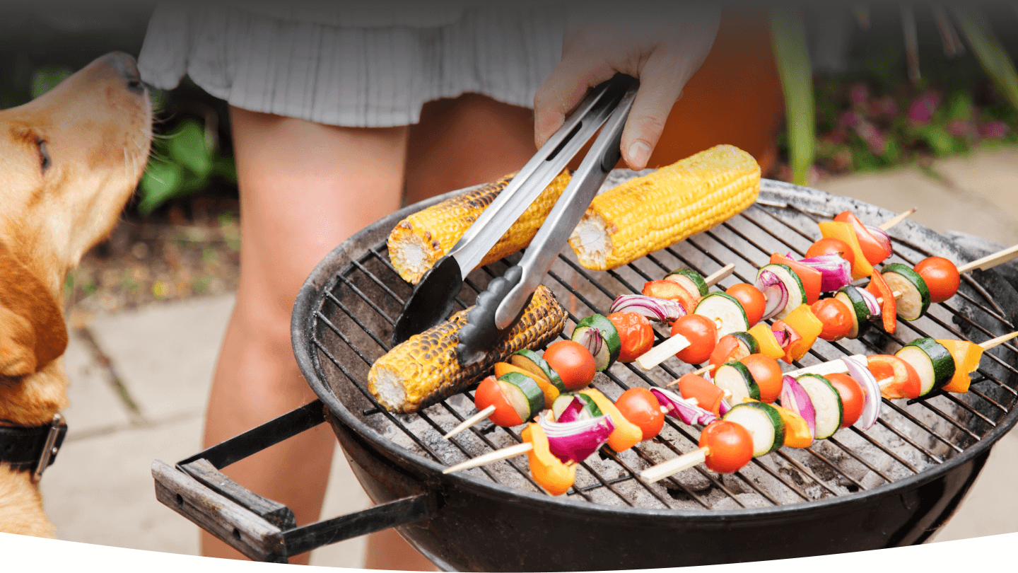 Grill mit Gemüse, im Hintergrund ist eine Frau mit einem Hund zu erahnen