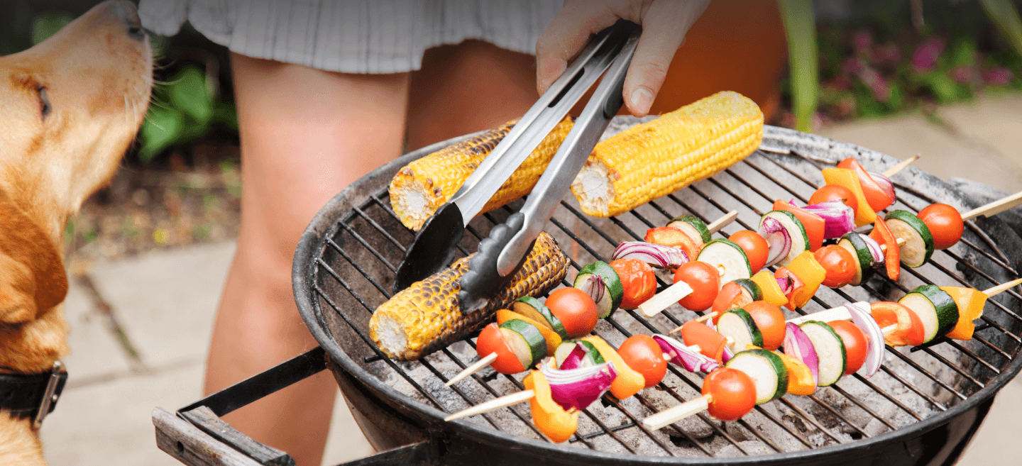 Grill mit Gemüse, im Hintergrund ist eine Frau mit einem Hund zu erahnen